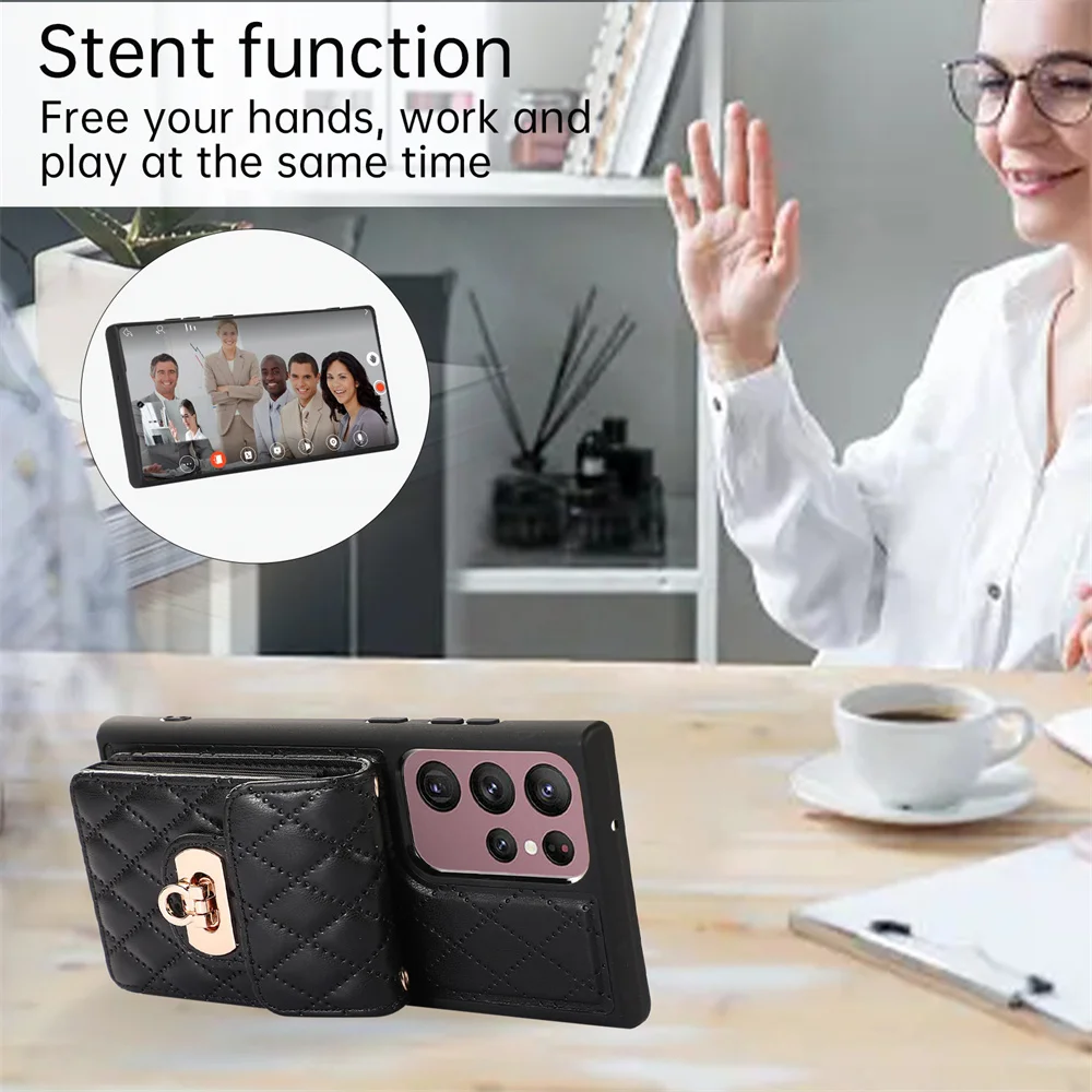 Luxury Mesh Leather for Samsung Galaxy S20 S21FES23 S22 Ultra Plus  A54 53 52 34 14 13 12Crossbody Bag Wallet Phone Case Lanyard