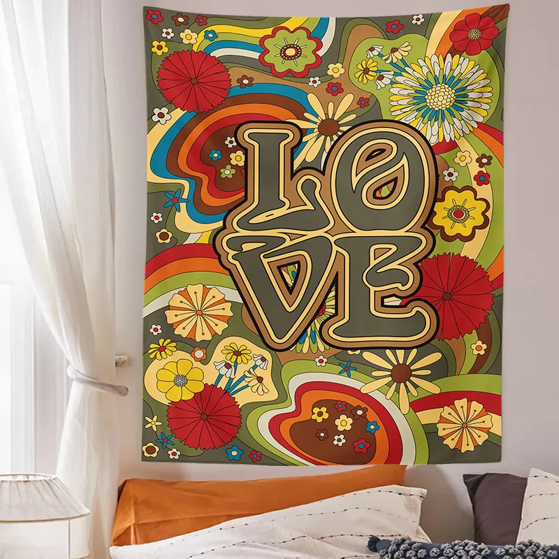 

Love And Flowers Wall Hanging Tapestry Retro 70s 60's Psychedelic Hippie Floral Art Background Bedroom Dorm Room Wall Decor