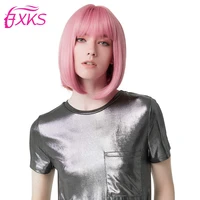 pink short straight synthetic bob wigs with bangs purple black heat resistant fiber synthetic hair for women daily use 12in fxks