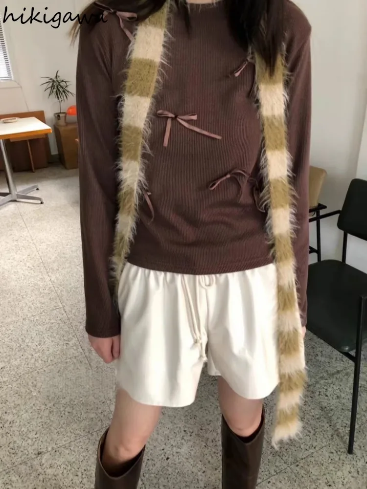 Укороченные топы корейские футболки для женщин хлопковые с длинным рукавом и