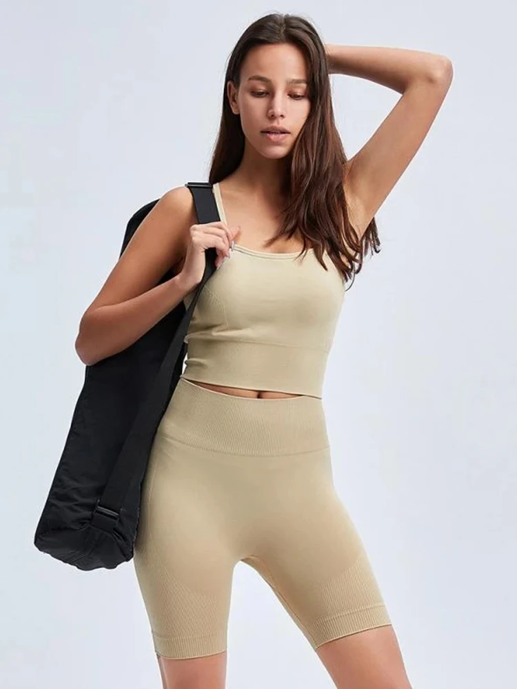 

CHRLEISURE Sportswear 2 Piece Jogger Sets Womens Solid Bra Shorts High Waist Elasticity Tracksuits Push Up Gym Sweat Suits