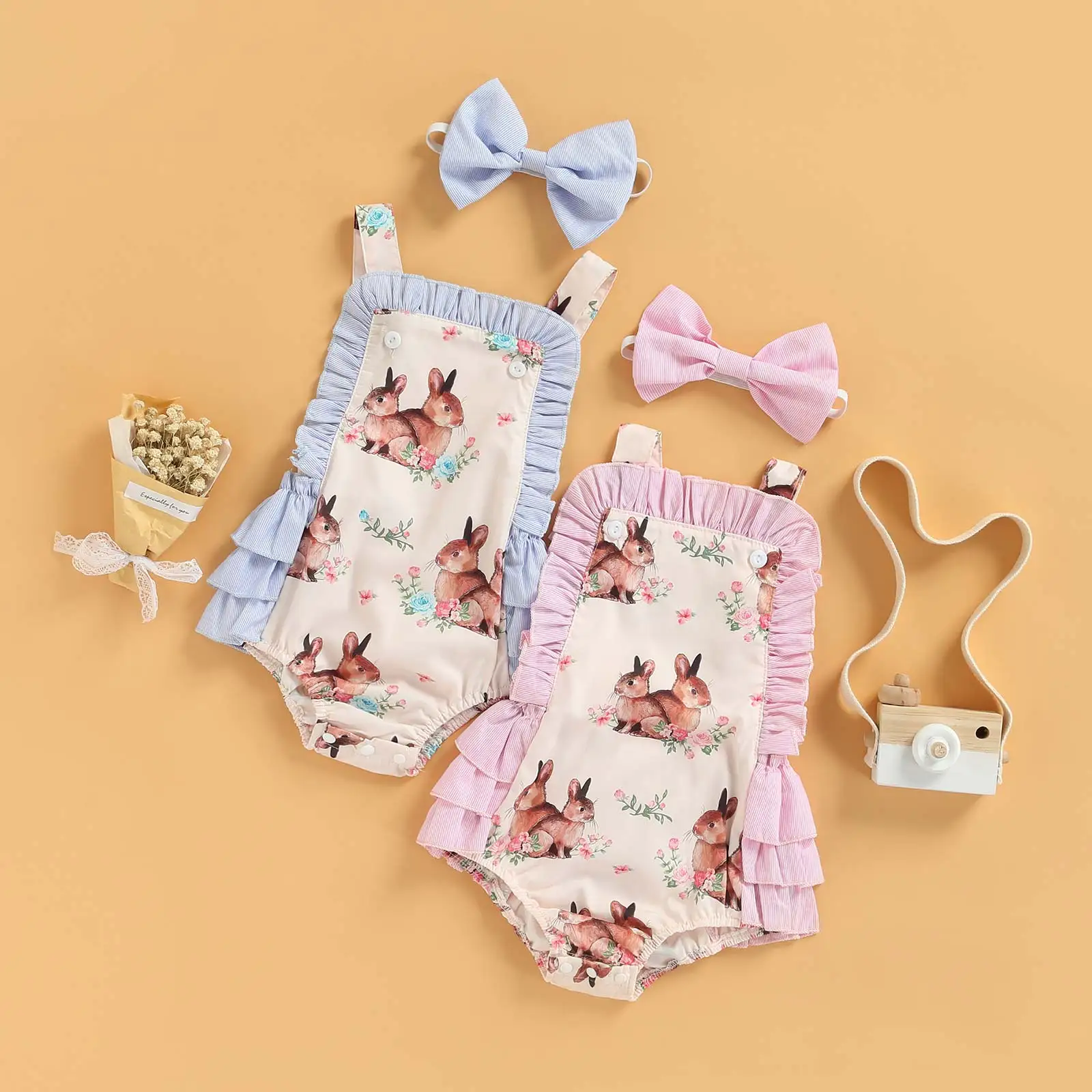 

Lovely Newborn Baby Girls Romper Easter Sleeveless Sweety Rabbit Printed Square Neck Backless Romper with Bow Knot Hairband