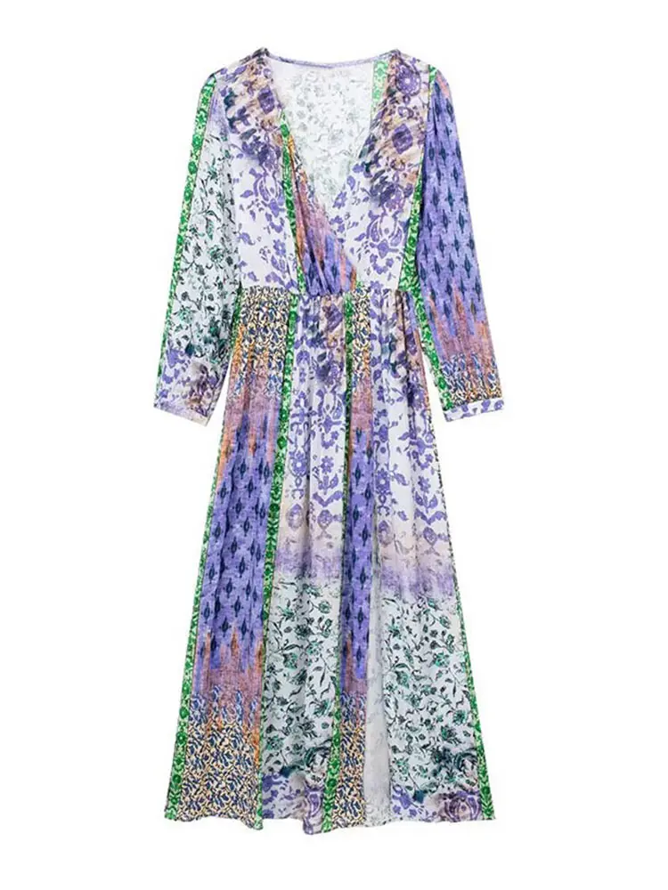 

2023 Summer Women Elegant Patchwork Printed Elastic Waist Midi Dress Sexy V-neck Long Sleeve Dresses Fashion Streetwear Vestidos