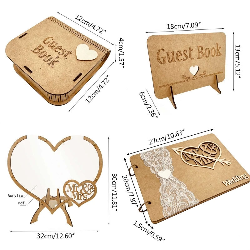 

R2LD Wedding Guest Book Set Wood Love Heart Ornament Wood Storage Kit for Wedding Reception Engagement Anniversary Decoration