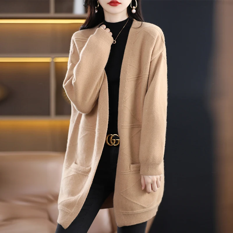 Autumn and Winter 2022 New V Neck 100% Cashmere Women's Cardigan Medium Long Outwear Sweater Loose Wool Coat