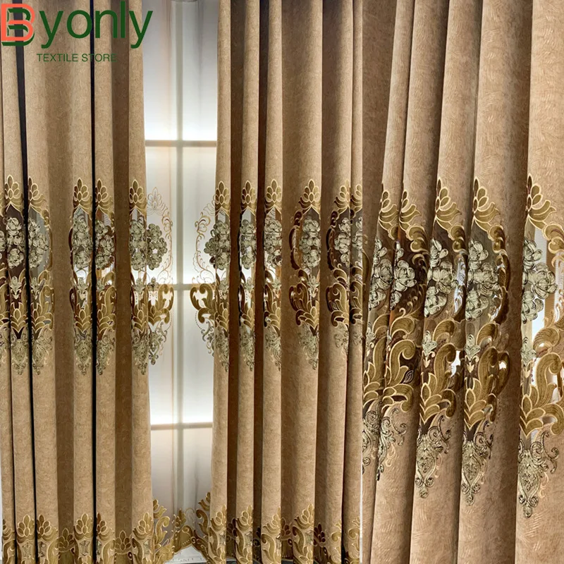 

Luxury Coffee Colored Thickened Chenille Hollowed Out Embroidered Window Curtains for Living Room Bedroom Villa Customization