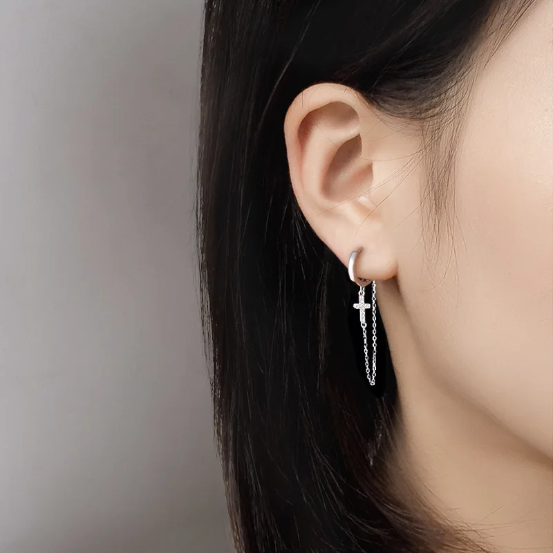 

One-piece Circle Earrings Vintage Diamond Crucifix Tassel Pendant women's Korean Fashion Minority Design Ears Buckle Jewelry