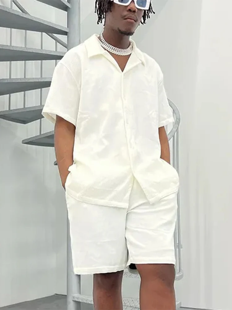 

Summer Fashion Solid Mens Outfits New Streetwear Casual Short Sleeve Lapel Buttoned Shirts And Shorts Suit Men Two Piece Sets