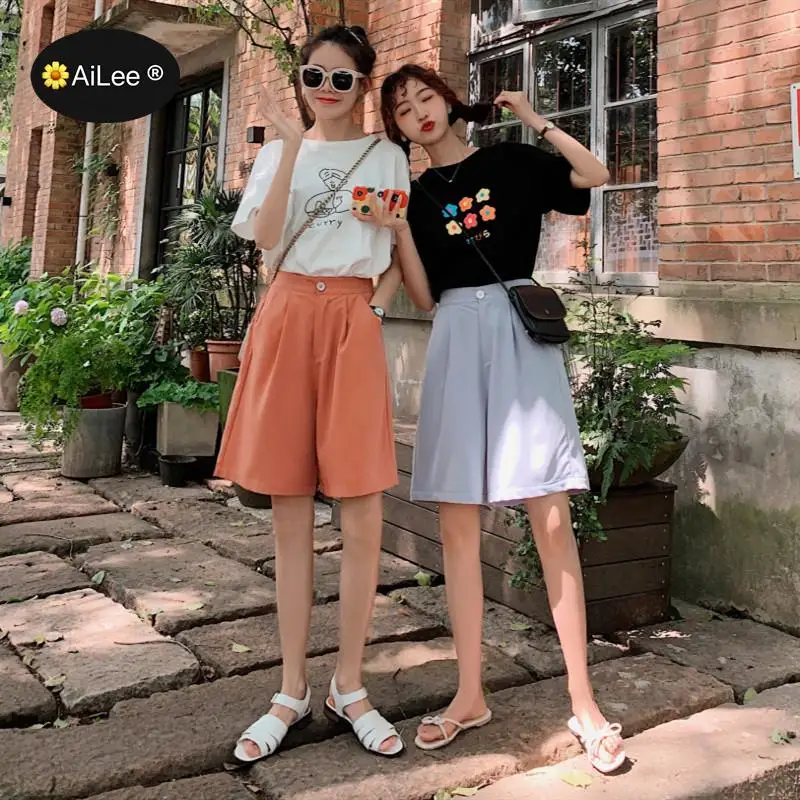 Fashion Half Long Shorts Women's Autumn Summer Bermuda High Waist Loose Five Points Knee Length Trouser Harajuku Wide Leg Shorts