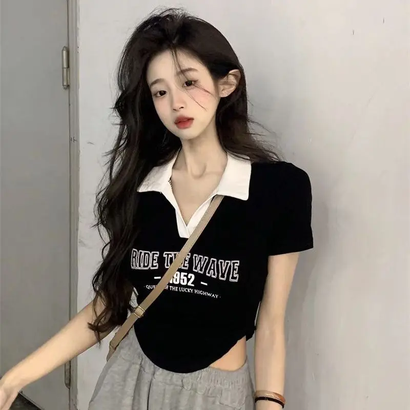 

Y2K Sweet Preppy POLO Collar Irregular Letter Print 2023 Summer Slim T-shirts for Women Contrast Color Cotton Casual Crop Top