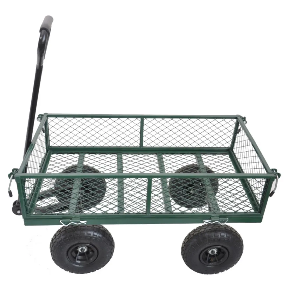 

For Outdoor Garden Dump Cart Heavy Duty Metal Gardening Trolley Green Trailer Cart Pull Wagon Hand Trucks Garden Transport Cart