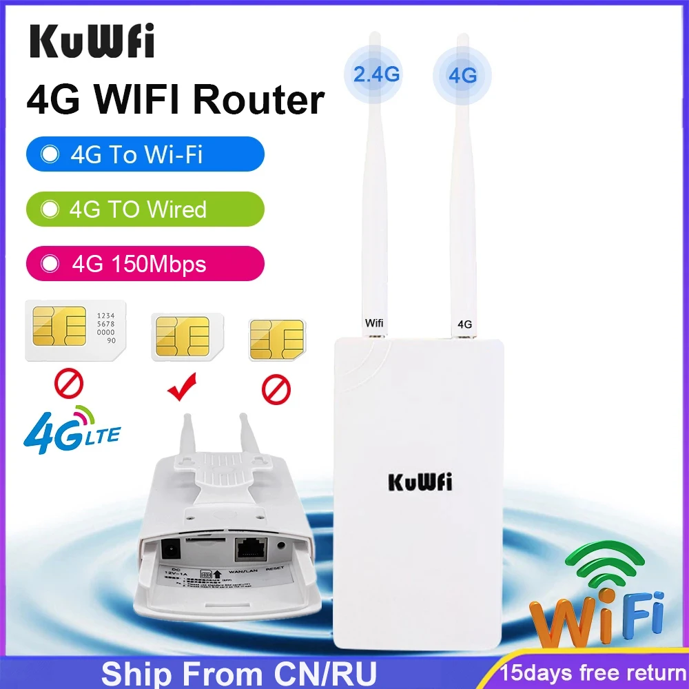 KuWFi Waterproof Outdoor 4G WiFi Router 150Mbps CAT4 LTE Routers 3G/4G SIM Card Router Modem for IP Camera/Outside WiFi Coverage
