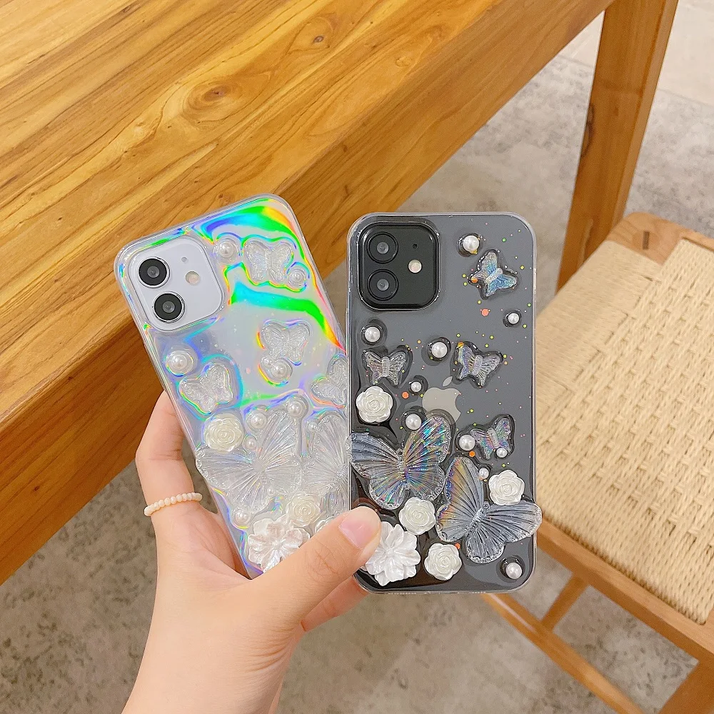 

3D Butterfly Rose Camellia Pearl Crystal Glitter Transparent Case For iPhone 14 13 12 11 Pro Max Silicon Shockproof Soft Cover
