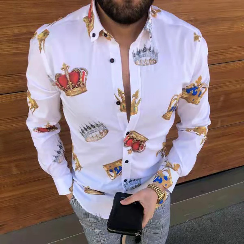 Мужская рубашка с длинным рукавом Повседневная приталенная блузка принтом