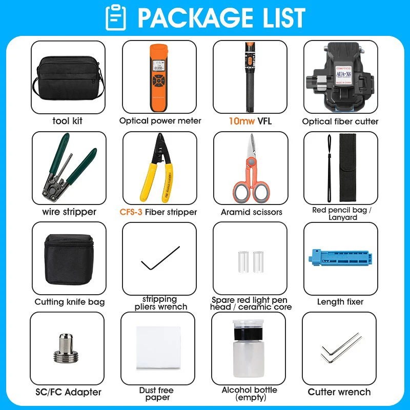 FTTH Fiber Optic Tool Kit with AUA-X6 Fiber Cleaver -70~+10dBm/-50~+26dBm G10 Optical Power Meter 10mw Visual Fault Locator