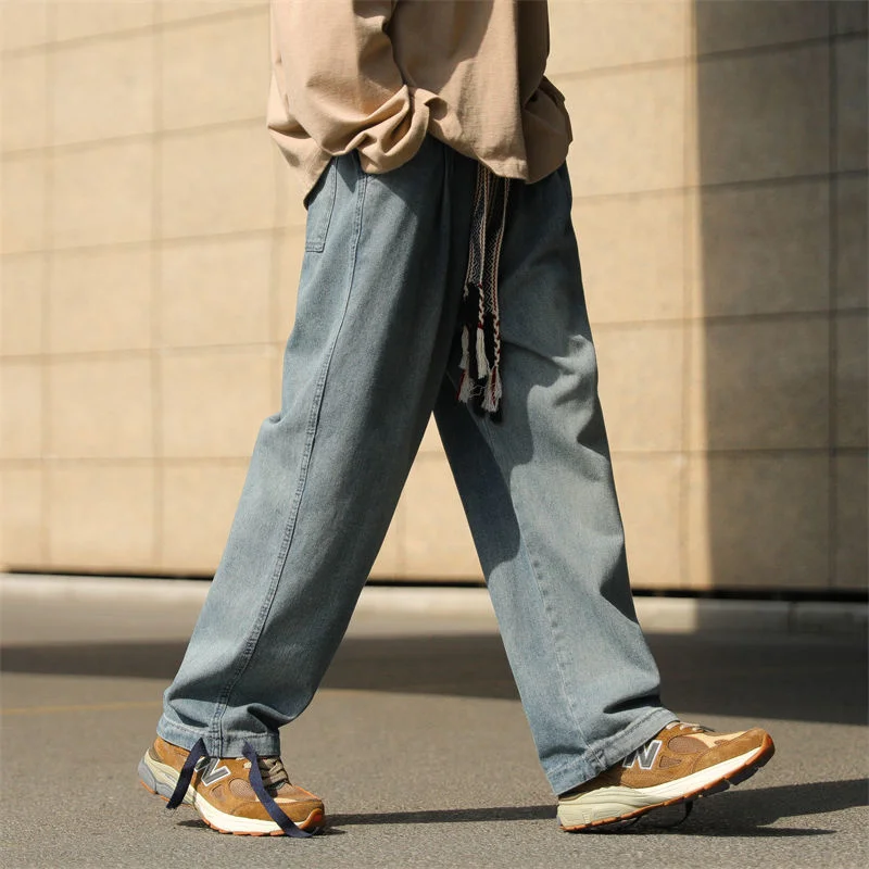 Oversized Jeans Men Fashion Drawstring Casual Wide Leg Jeans Mens Japanese Streetwear Hip Hop Loose Straight Denim Trousers Men