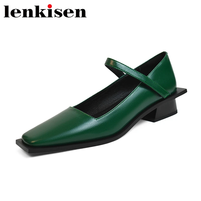 

Lenkisen New Arrivals Full Grain Leather Square Toe Med Heels Shoes Women Concise Elegant Solid Shallow Office Lady Pumps L81