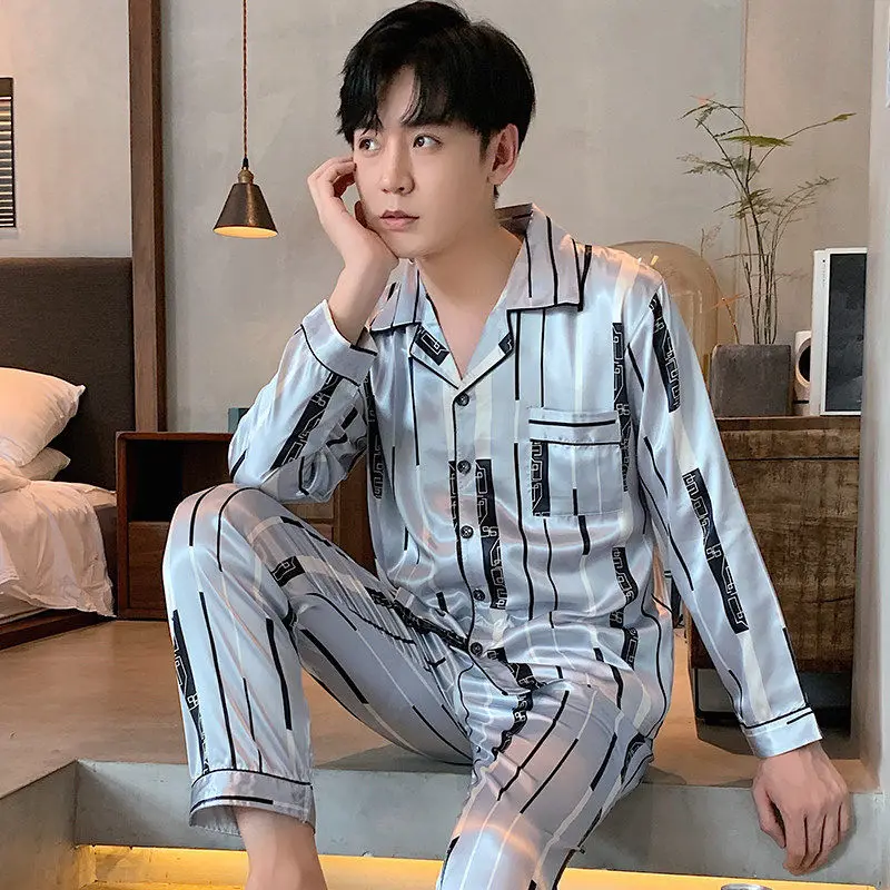Spring and autumn men's new pajamas ice silk long sleeve thin loose plus size home clothes casual silk men's summer