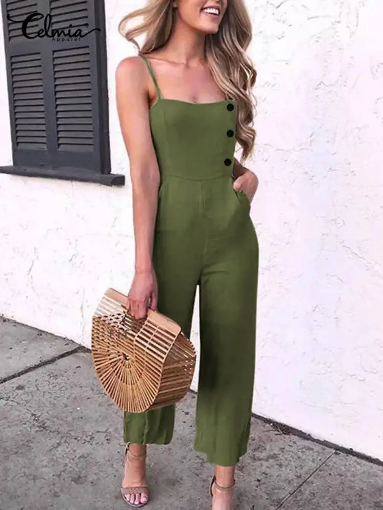 

Celmia Summer Women Rompers Sleeveless Spaghetti Straps Playsuits 2023 Fashion Sexy Work Overalls Casual Solid Cotton Jumpsuits