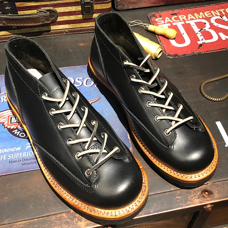 

Classic Retro Biker Work Shoes Men Round Toe Casual 100% Genuine Leather Dress Shoes Handmade Lace Up Platform Safety Boots