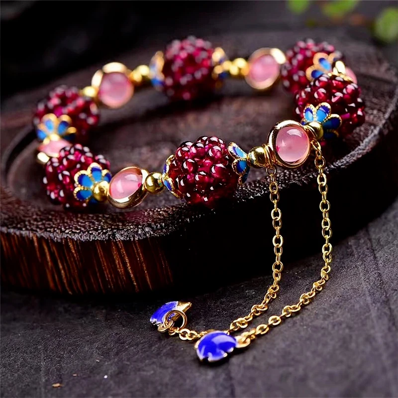 

KYTRD Natural Garnet Stone Ethnic Multi-Circle Pomegranate Multicolor Hand-Knitted Charming Bracelet Jewelry