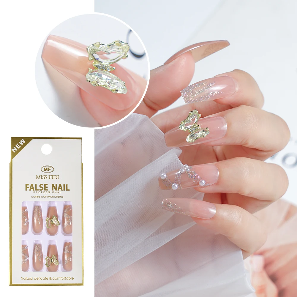 

24pcs/box Full Cover Shiny Butterfly Coffin/Ballerina False Nail Tips for Decorated Design Press On Nails Art Fake Extension Tip