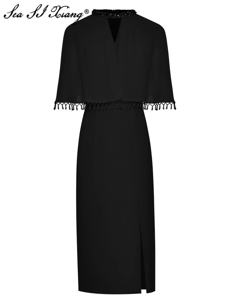 

Женское винтажное платье-карандаш Seasixiang, дизайнерское летнее платье с V-образным вырезом, бусинами, кисточками и рукавами-накидками с кристаллами и стразами