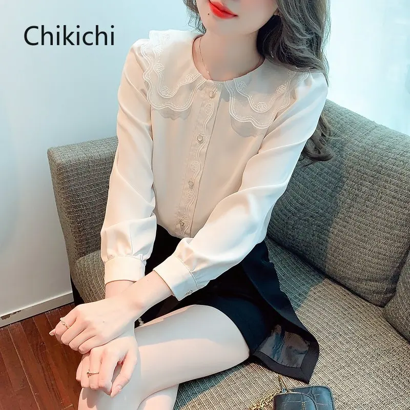 

Chikichi японская мода винтажная тонкая рубашка женская весна 2023 милый кукольный воротник пузырьковый рукав шифоновая рубашка Женский Топ для женщин