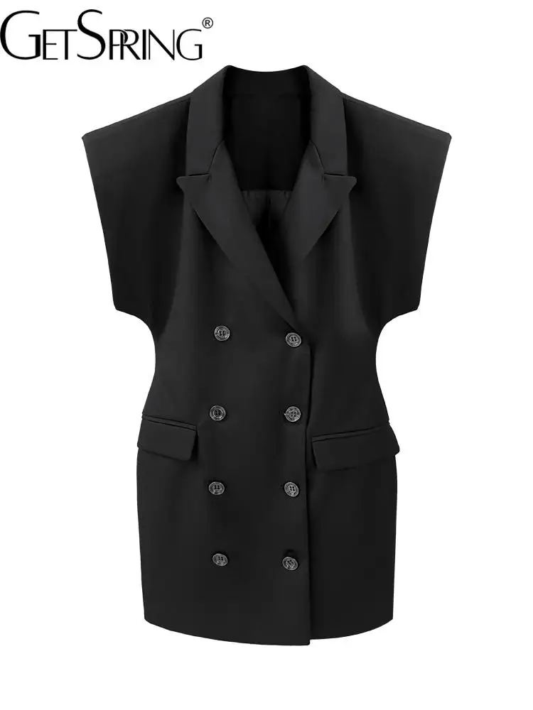 

GetSpring Women Dress Temperament Short Sleeve Double Breasted Black Vest Dress Fashion Slim Thin High Waist Mini Dresses 2022