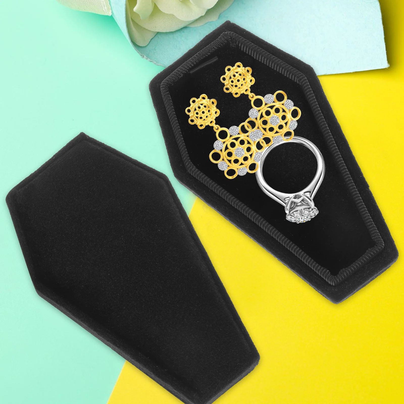 

Black Velvet Choker Jewelry Storage Box Tabletop Ornaments Earring Holder Coffin Decor Halloween Organizer Container