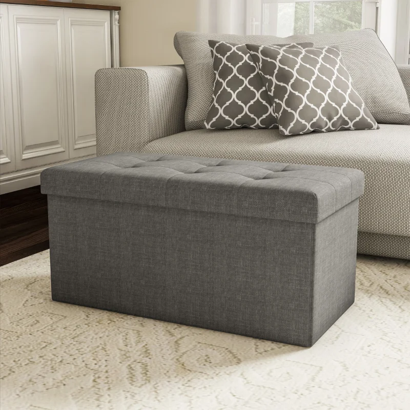 Large Folding Storage Bench Ottoman Tufted Cube Organizer by Lavish Home (Grey) space saving furniture  stool chair