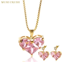 muse crush new fashion jewelry set stainless steel bling cz crystal heart pendant necklace shiny cubic zircon earrings for women
