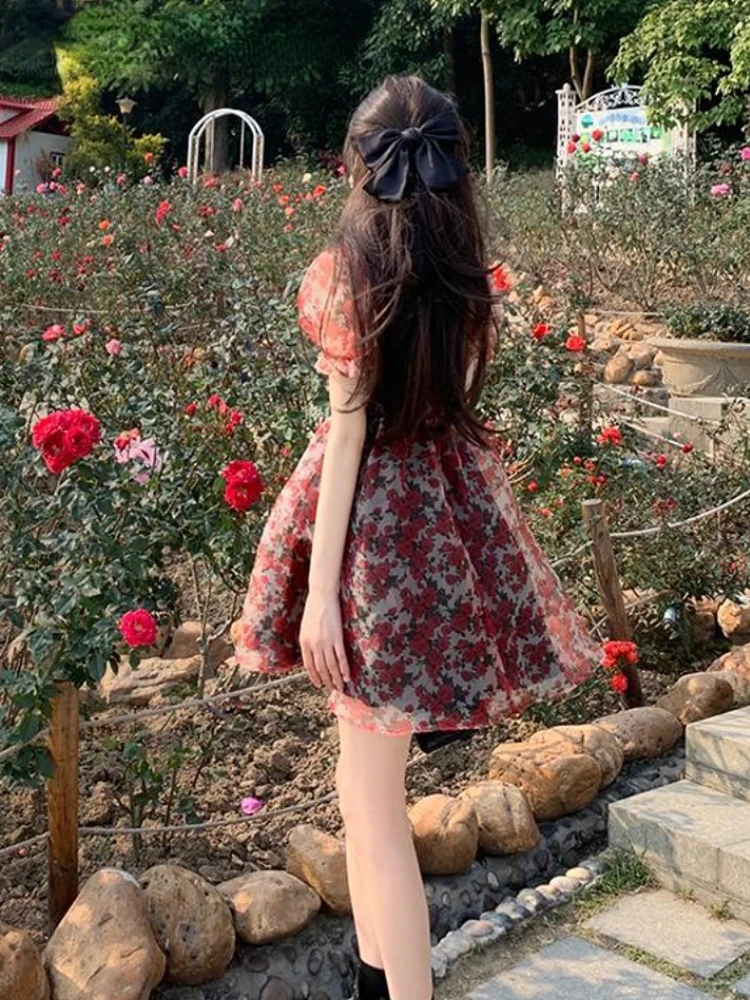 

2022 Summer Sweet Kawaii Y2k Mini Dress Woman Vintage Floral Short Sleeve Dress Elegant Party One Piece Dress Korean Style Chic