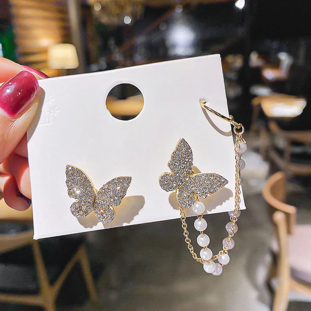 

New Fashion Asymmetry Butterfly Rhinestone Drop Earring For Women Imitation Pearl Chain Earring Charm Jewelry Gift Clip Earrings