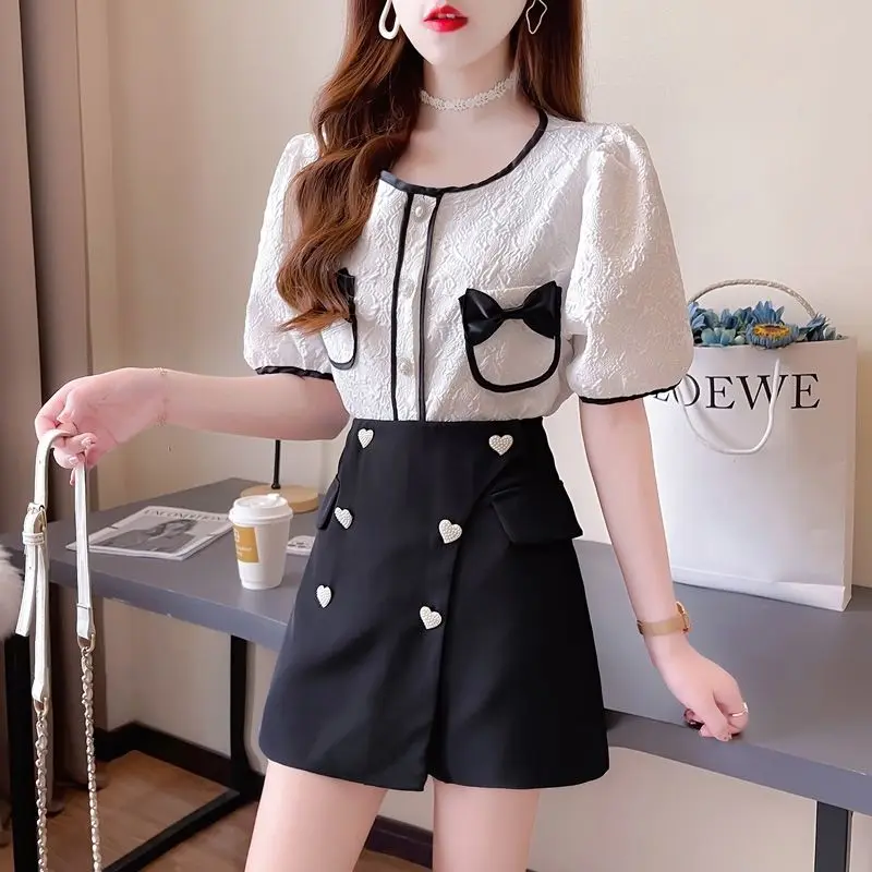 

Women 2022 Summer New Fashion Short Sleeve Blouses Shirt Tops + High Waist Shorts Two Piece Set Female Elegant Casual Suit N49