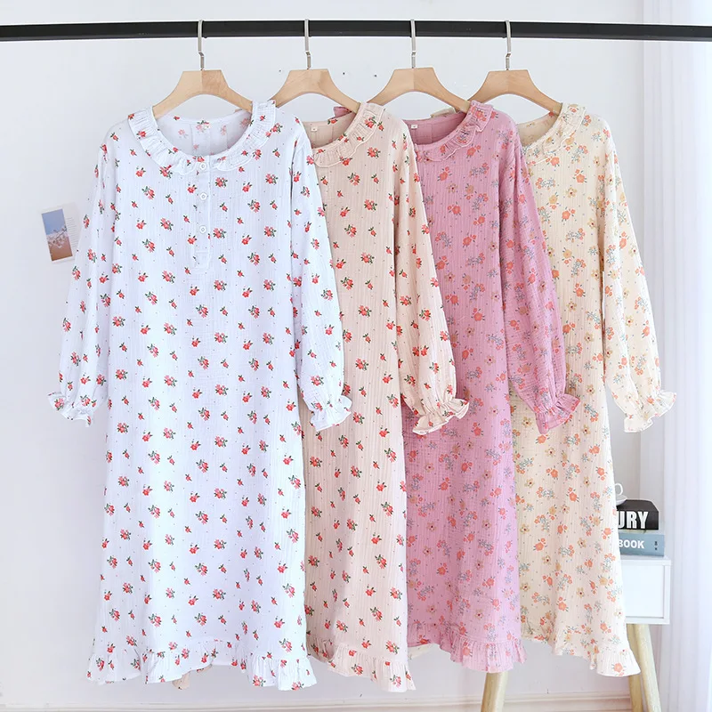 

Princess Sleep Dress Nighties for Women Autumn Cotton Crepe Long Sleeve Double Seersucker Nightdress Sleepwear Sexy Nightgown