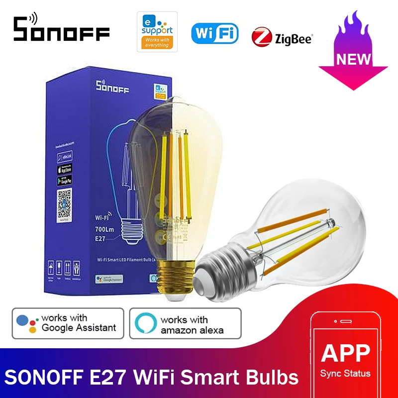 

SONOFF B02-F-ST64/A60 Smart WiFi LED Filament Bulb E27 Dimmable Light Bulbs Lamp Dual-Color Remote Control Via Ewelink APP/Voice