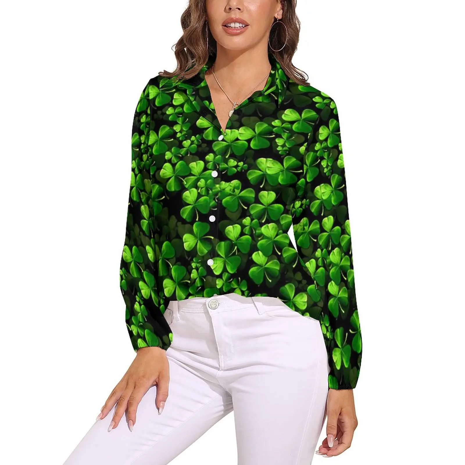 

St Patrick's Day Blouse Happy St Patricks Amazing Shamrocks Cool Print Blouses Women Street Style Shirt Long Sleeve Oversize Top