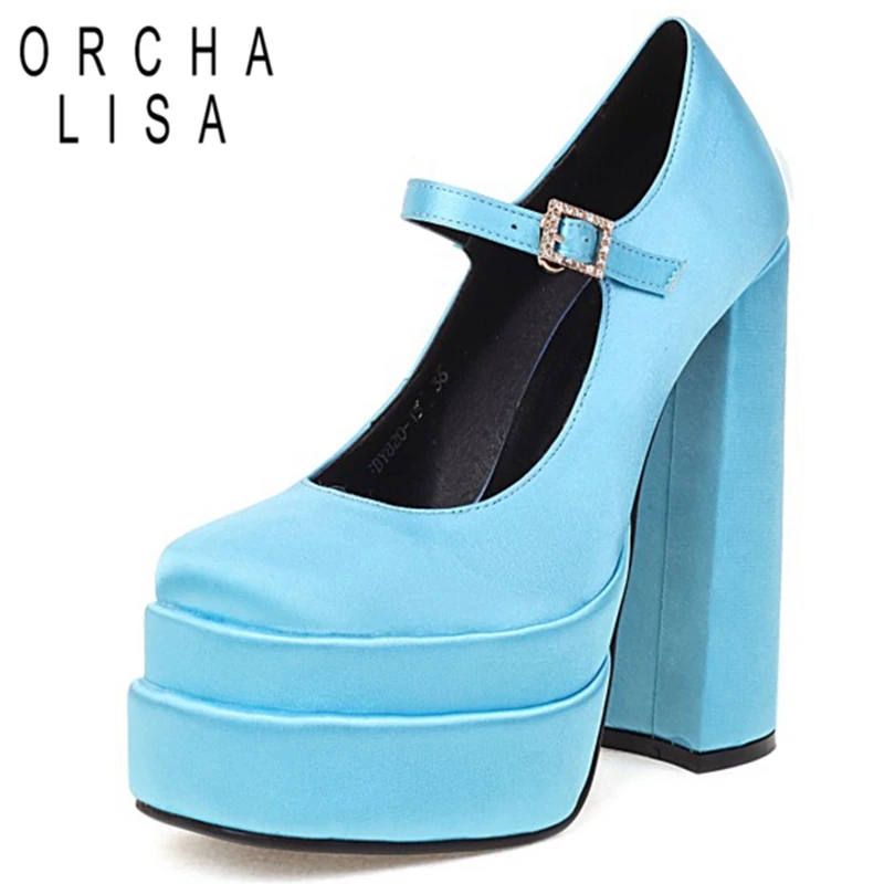 

ORCHA LISA Ladies Platform Pumps Square Toe Thick Heels Satin Buckle Straps Sweet Big Size 33-43 Solid Blue Yellow Spring S3345