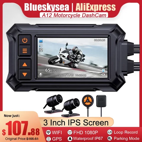 Blueskysea A12 Dual 1080P Full HD мотоциклетный видеорегистратор, 3 дюйма, водонепроницаемая камера IP67, WiFi, мотоциклетный видеорегистратор, видеорегистратор, черный GPS-бокс