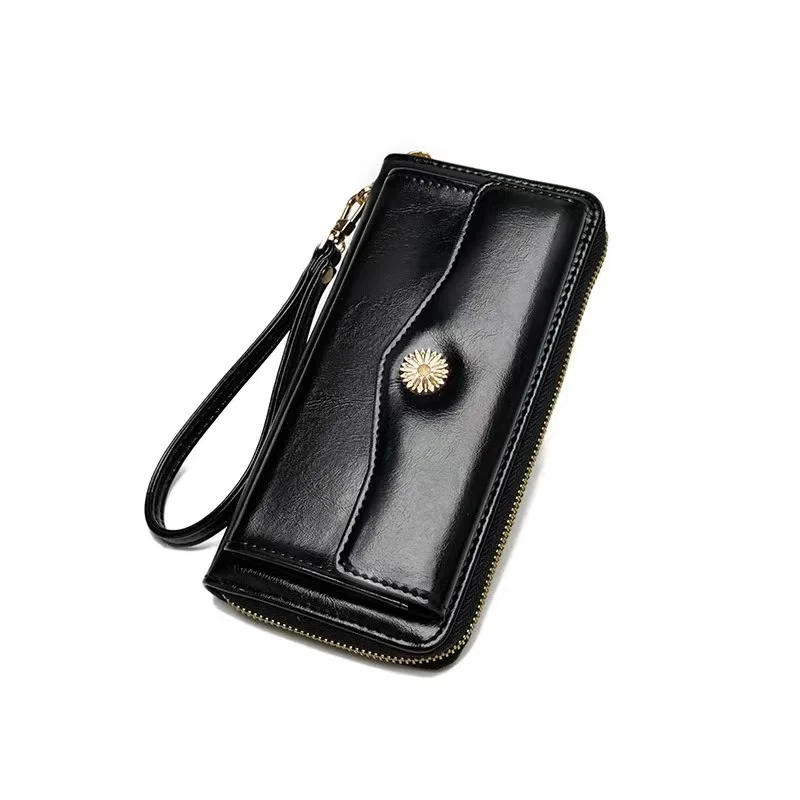 2023 New Style Oil Leather Simple Fashion Multi-Function Large Capacity Zipper Long Hand Hold Women's Purse Card Bag