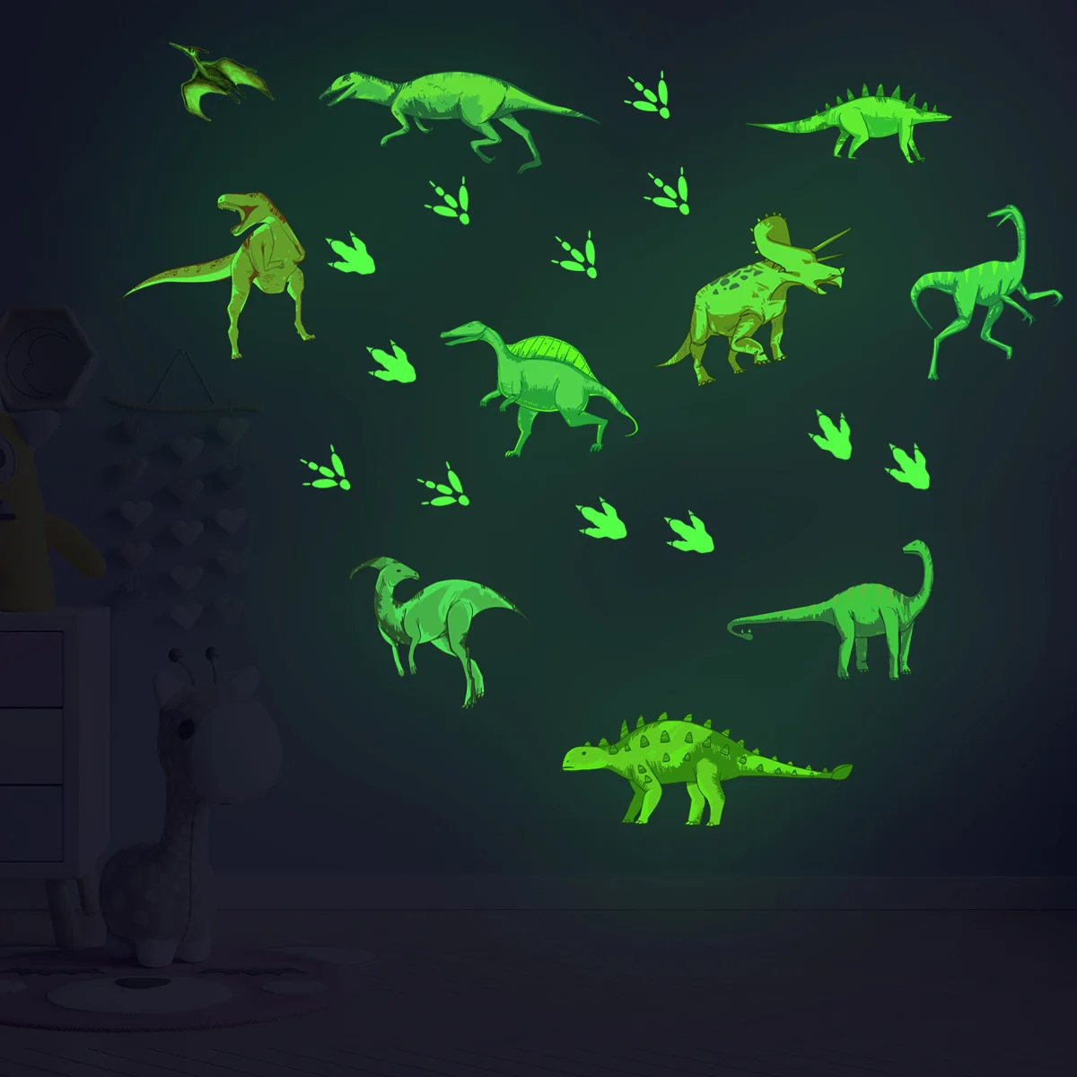 

Two dzy152 luminous dinosaurs and dinosaur footprints wall stickers children's room bedroom luminous decoration self adhesive
