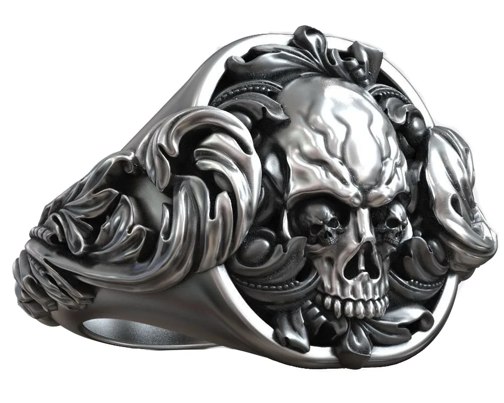 

3D Antique Gothic Skull Head Ring 925 Solid Sterling Silver Gothic Black Gold Ring
