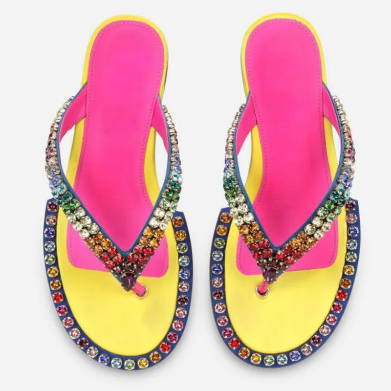 

Luxury Colorful Rhinestone Studs thong toe Man Slipper Summer Bright Color Contrast Flip Flops Patchwork Men Beach Slide Shoes