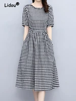 elegance office lattice lacing patchwork a line skirt new summer classic short sleeve round neck slim korean pleated midi dress