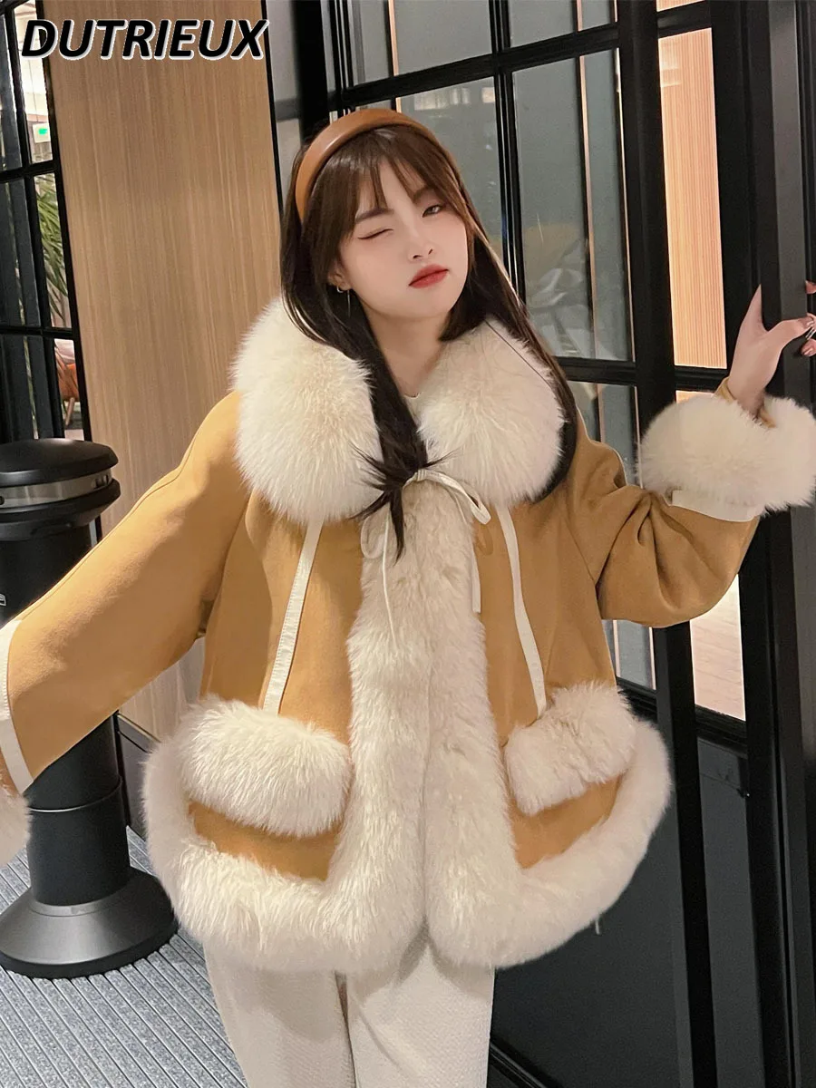 

Женское меховое пальто, новинка 2023, меховое пальто из лисьего меха для защиты окружающей среды, плюшевое пушистое пальто с прострочкой, Молодежная популярная одежда