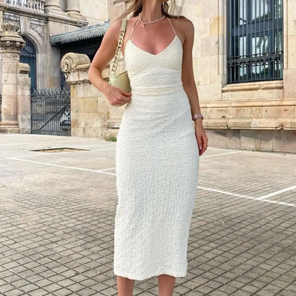 

Bodycon Dress V-neck Low Collar Back Split Hem Midi Dress Halter Backless Bodycon Women Long Dress Club Wear vestido فستان
