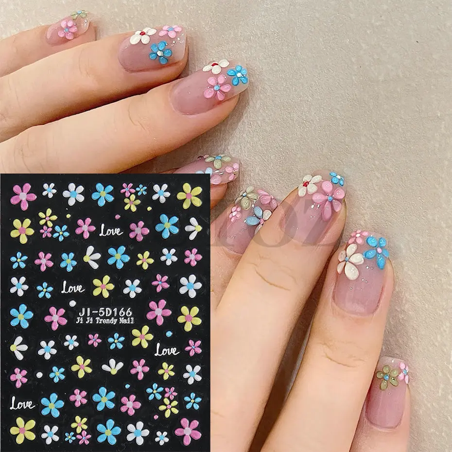 5D милые красочные цветы наклейки для дизайна ногтей тисненый цветок лето весна