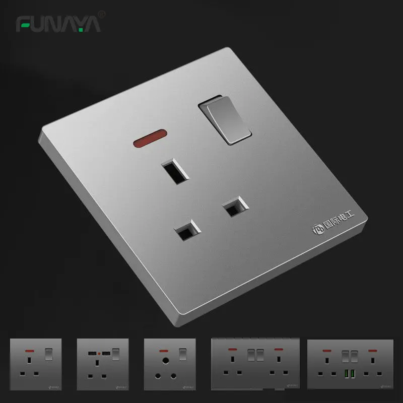 

13A UK Wall Sockets switches 1 2 Outlets 1 2 3 Gang with USB AC110V 220V 86 147mm 2500w Grey Luxury SG MY HK Home Office Socket