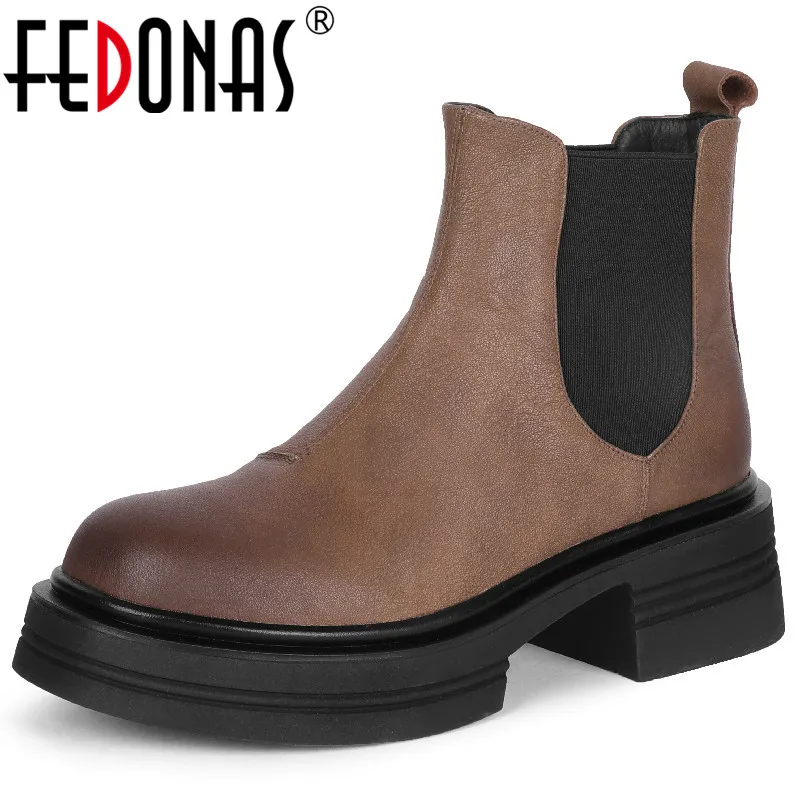 

FEDONAS Classic Women Genuine Leather Ankle Boots Thick Heels Autumn Winter Working Casual Genuine Leather Platforms Shoes Woman
